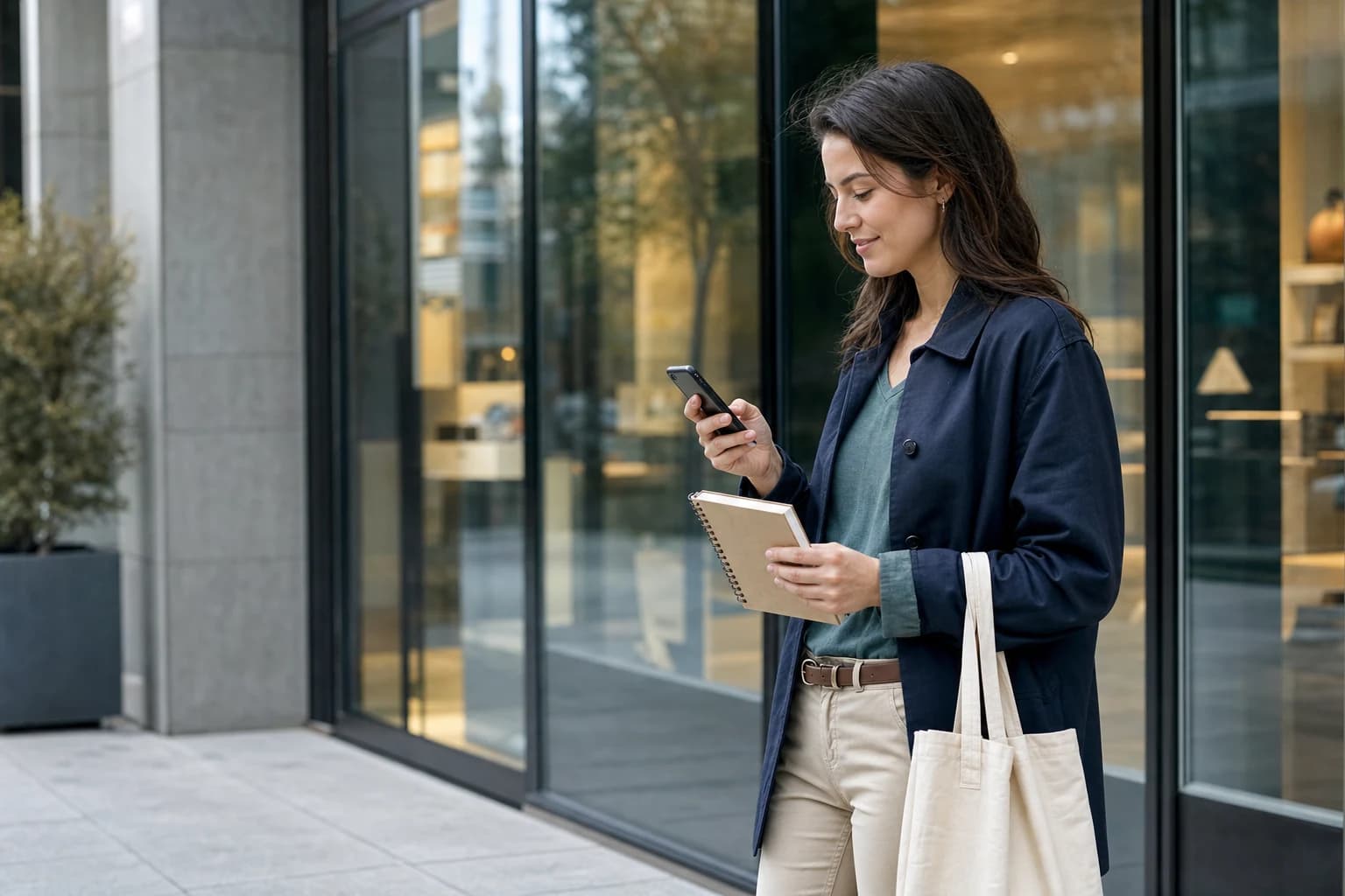 Mystery shopper reviewing an assignment outside a retail store